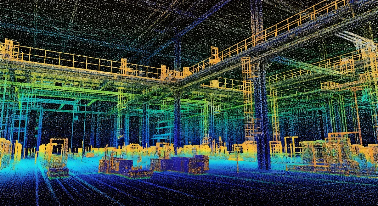 Nuage de points d’un hall industriel avec passerelles